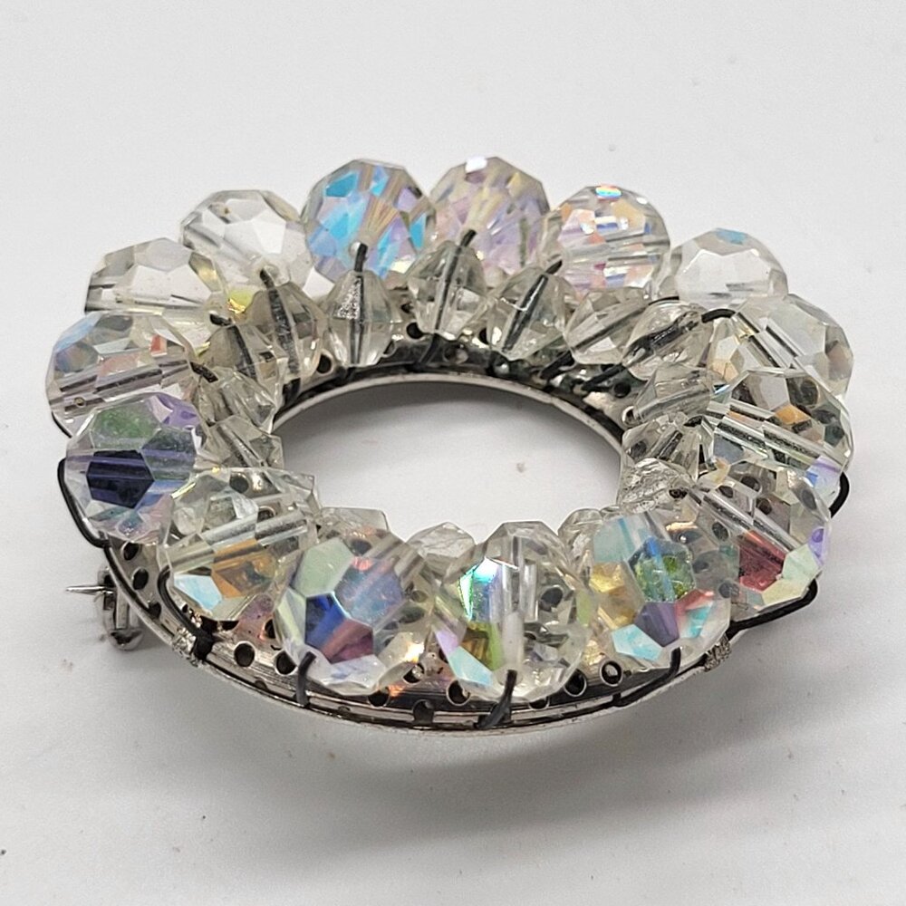 Vintage Aurora Borealis AB Beaded Circle Brooch Pin With Silver Tone Back - Picture 3 of 9